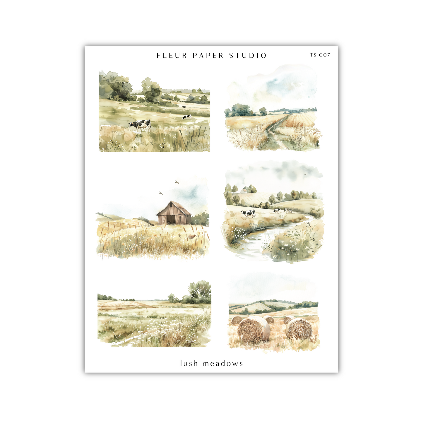 a watercolor painting of a farm scene