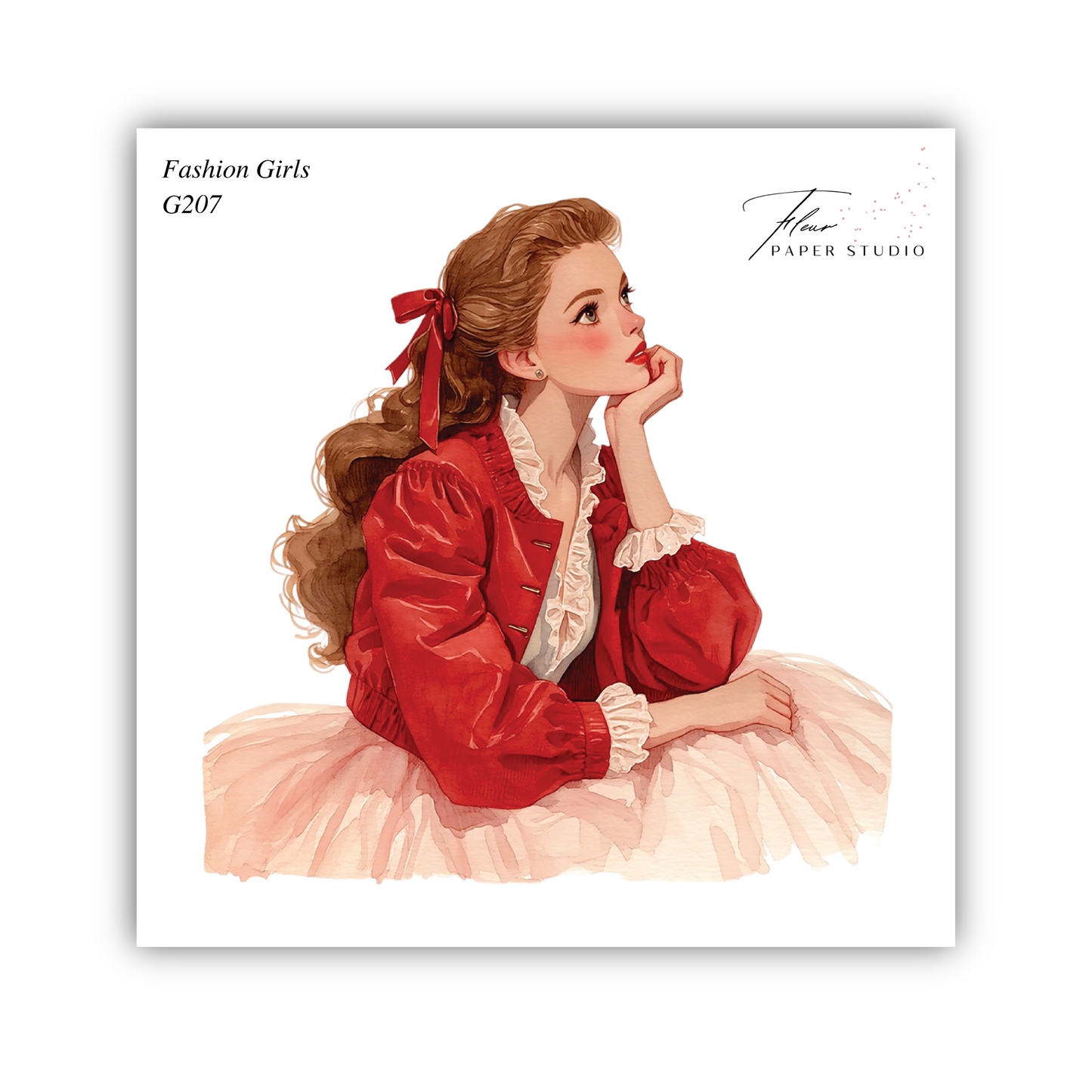 A woman with long, curly hair wearing a red jacket and a pink tutu, sitting with her hand on her chin and looking off to the side.