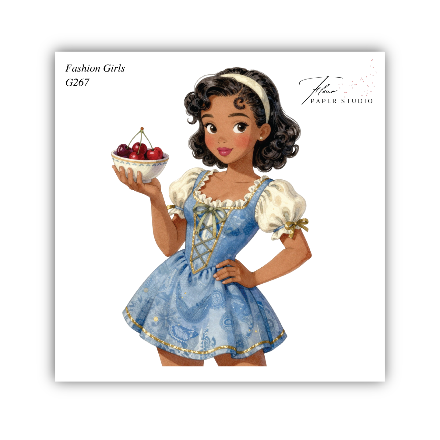 A young girl in a blue dress holding a bowl of cherries, with a handwritten signature in the top right corner.