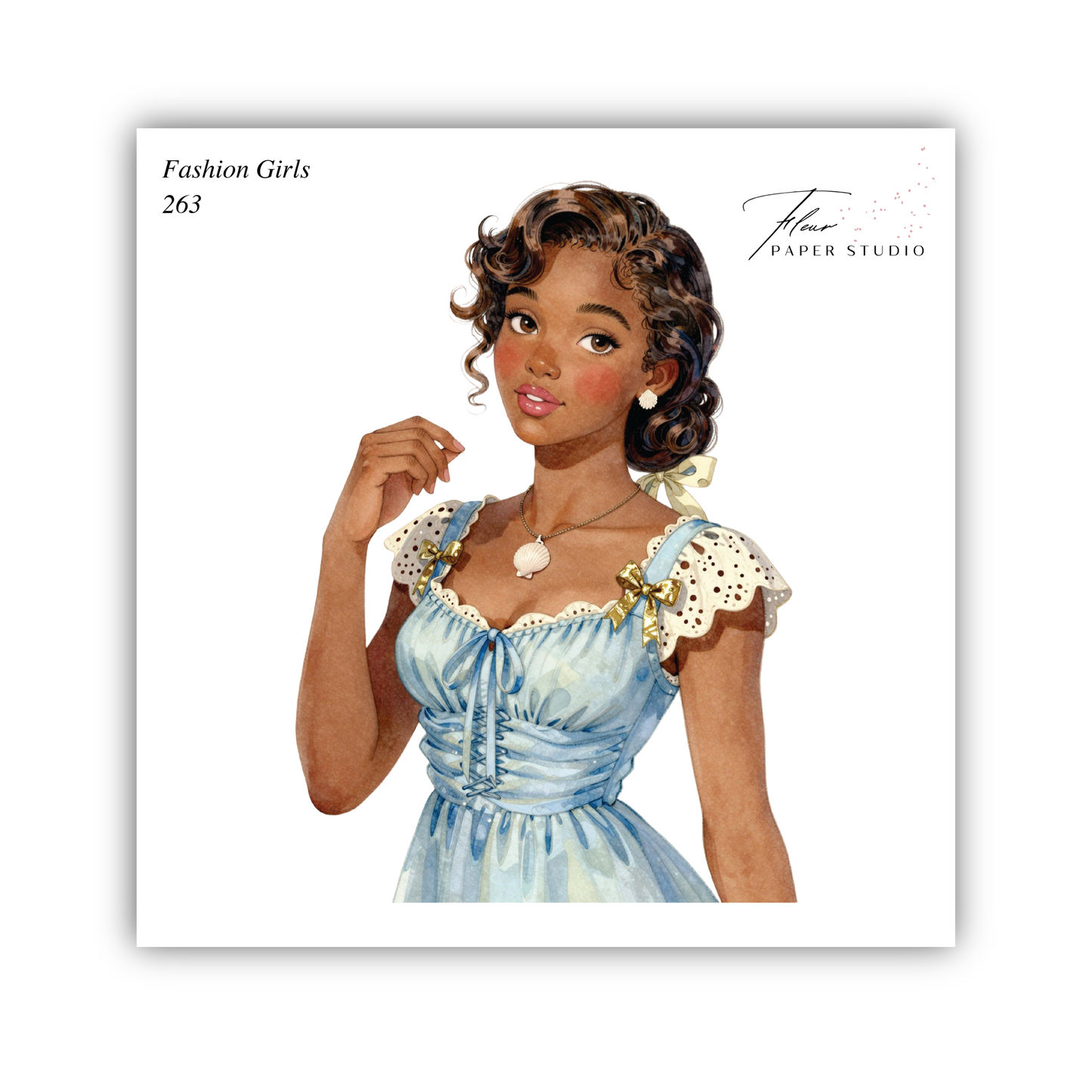 The image is a watercolor illustration of a young woman wearing a blue dress with lace sleeves and a bow on her head.