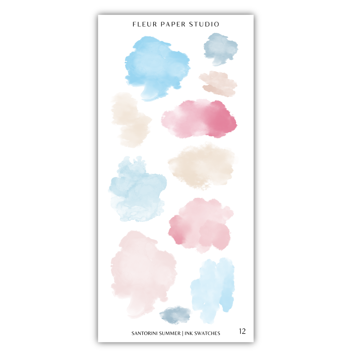 a collection of 12 watercolor paint splatter designs, each with a different color and texture. The text "FLÉR PAPER STUDIO" is displayed at the top of the image, and "SANTORIN SUMMER (INK SWATCHES)" is written at the bottom.
