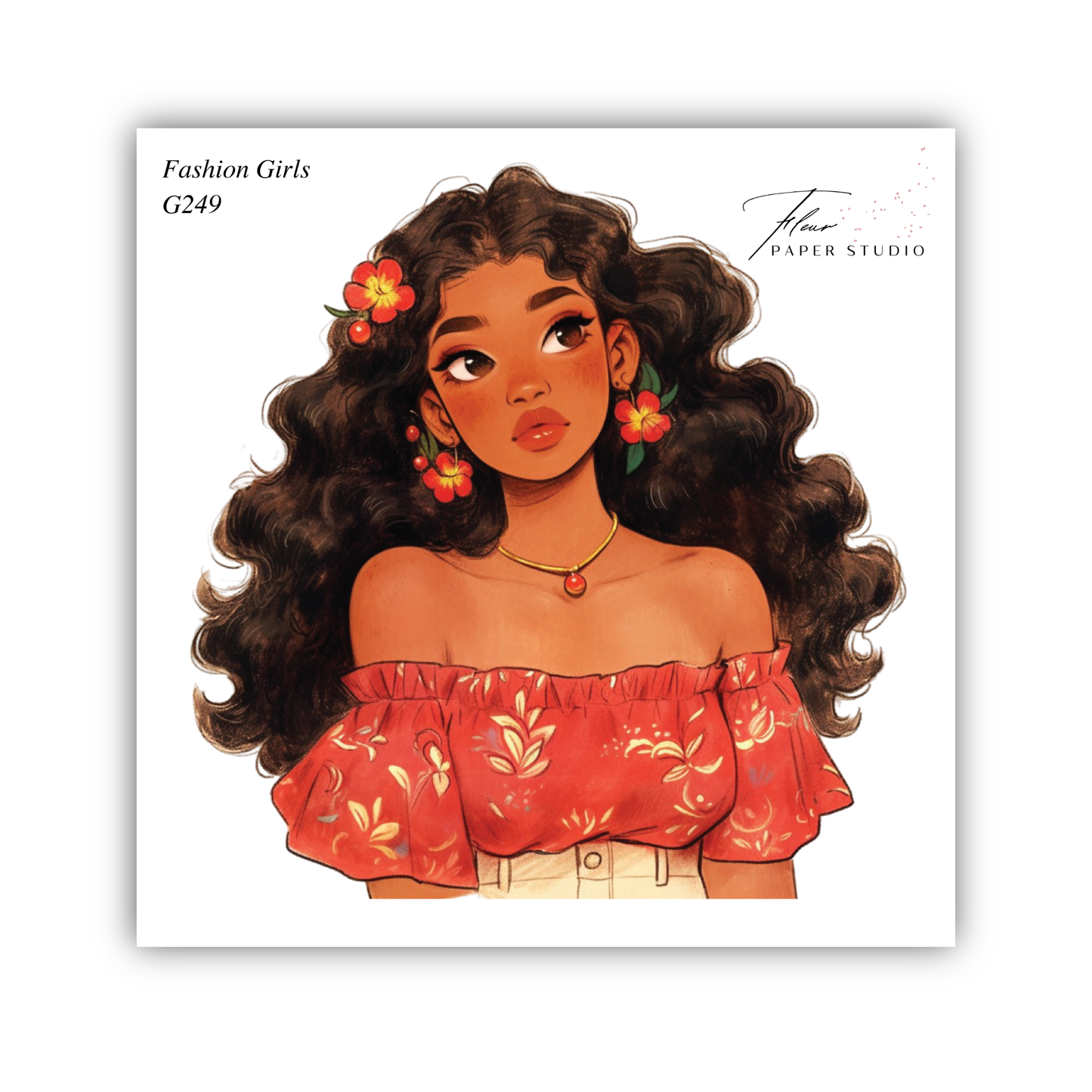 A stylized illustration of a young woman with long, curly hair wearing a red floral blouse and earrings.