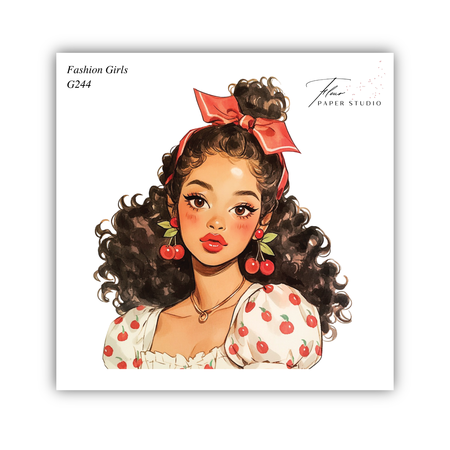 A stylized illustration of a young woman with curly hair wearing a white dress with red polka dots and a red bow in her hair.