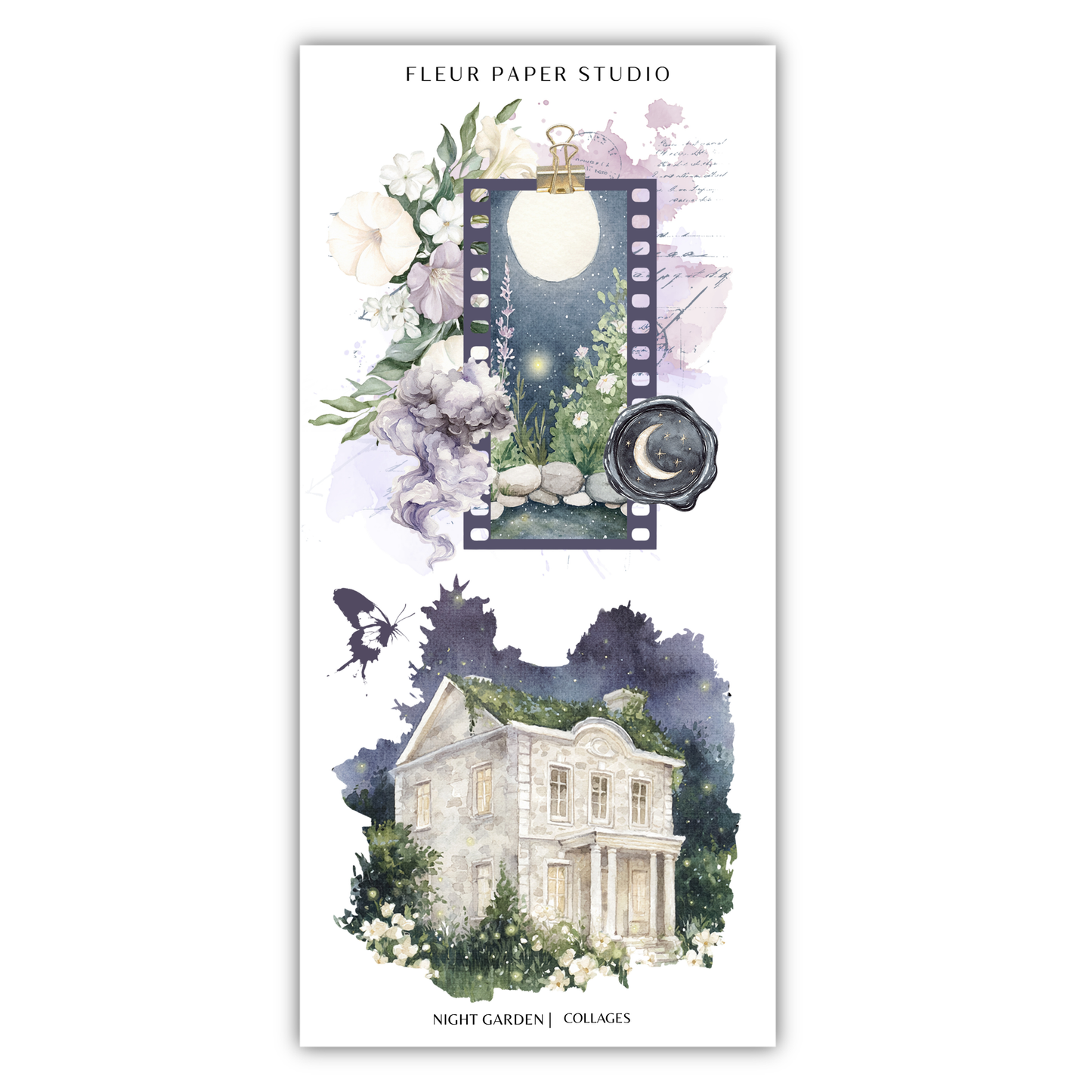 The image is a collage featuring a night garden and a house, with a butterfly and a crescent moon in the background.