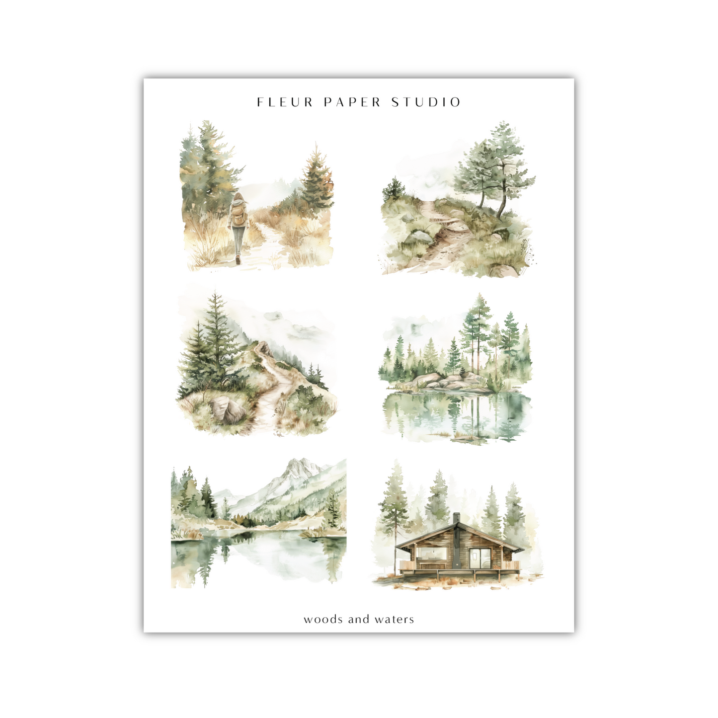 a watercolor painting of trees and mountains