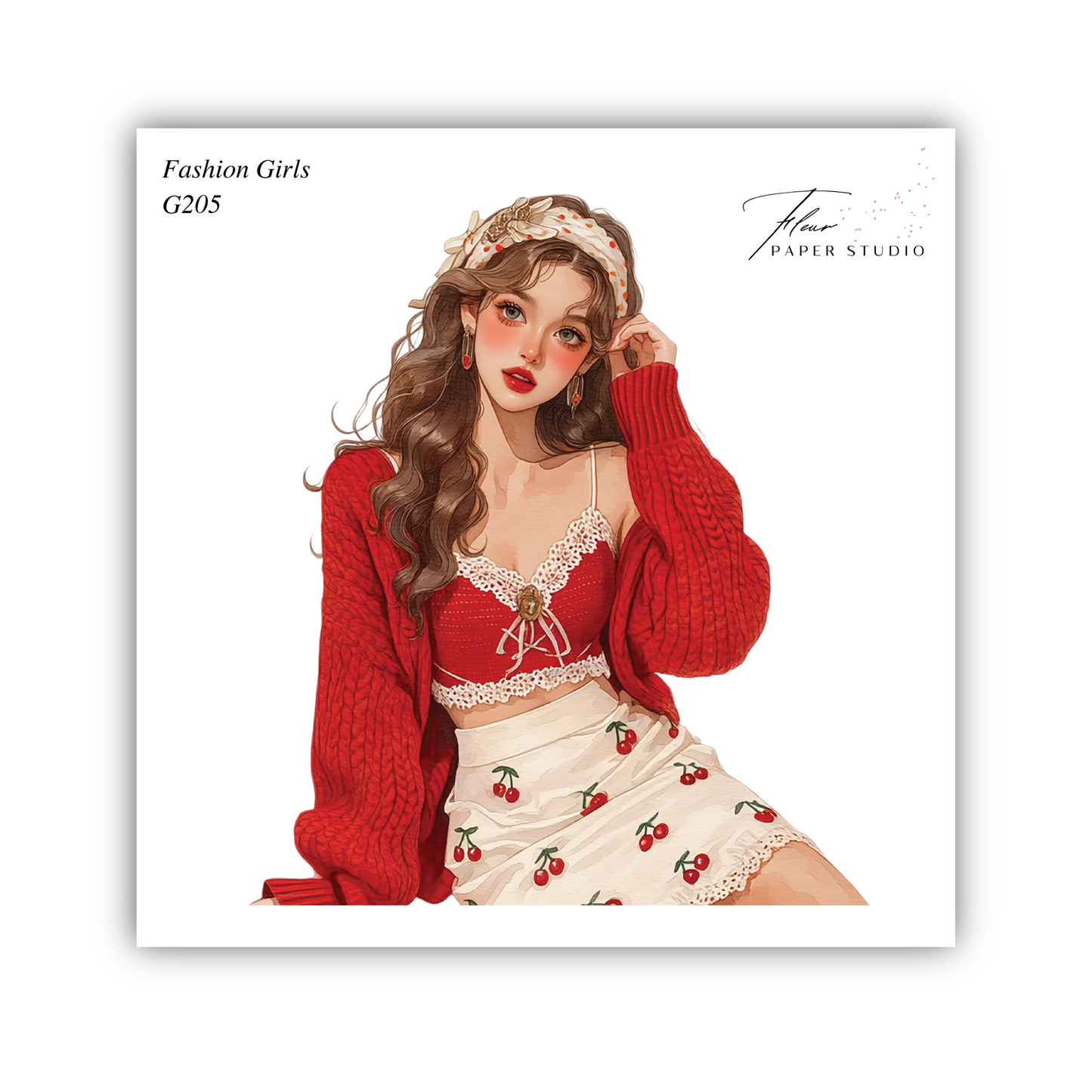 A stylized illustration of a young woman wearing a red sweater, a white skirt with red cherries, and a headband.