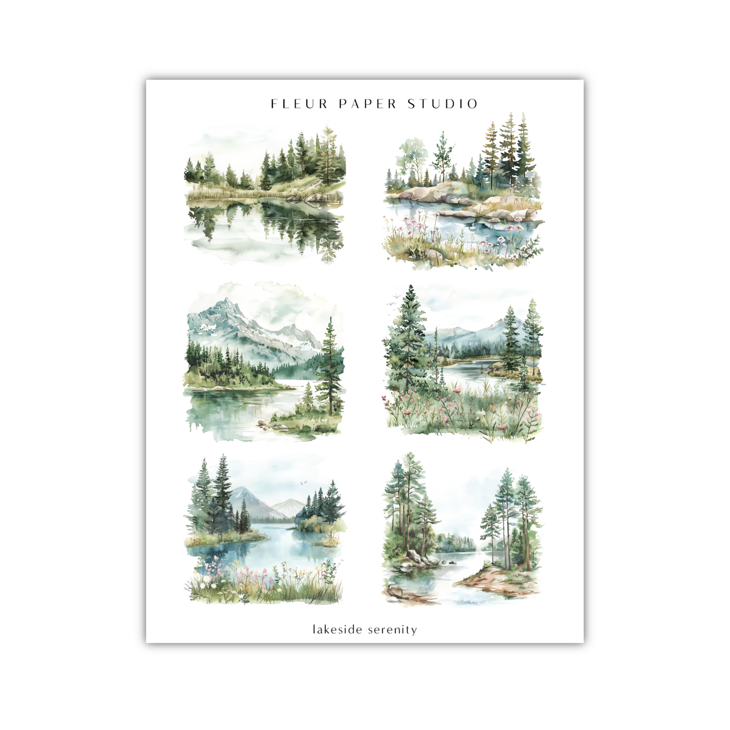 four watercolor paintings of trees and mountains