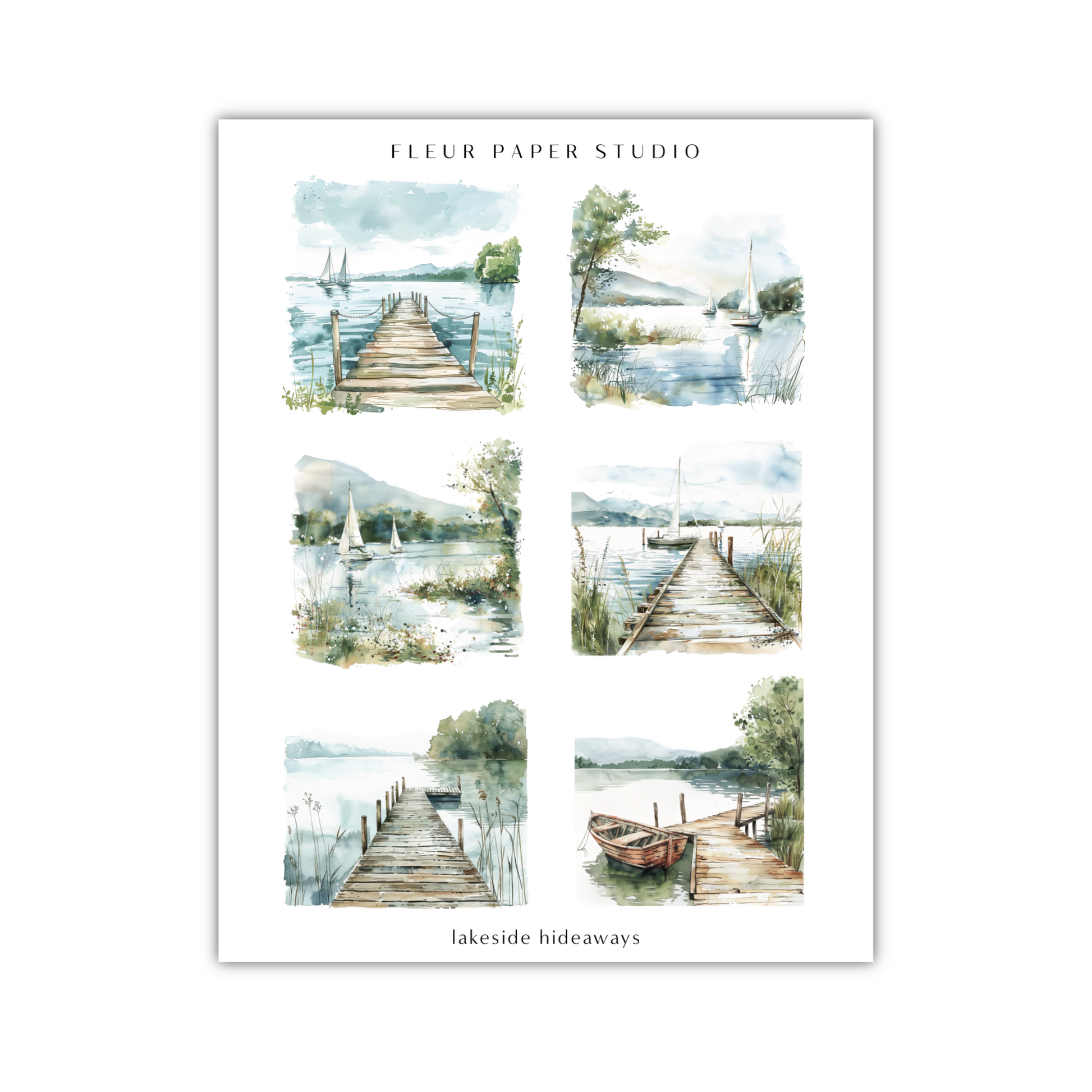 a watercolor painting of a dock and a body of water