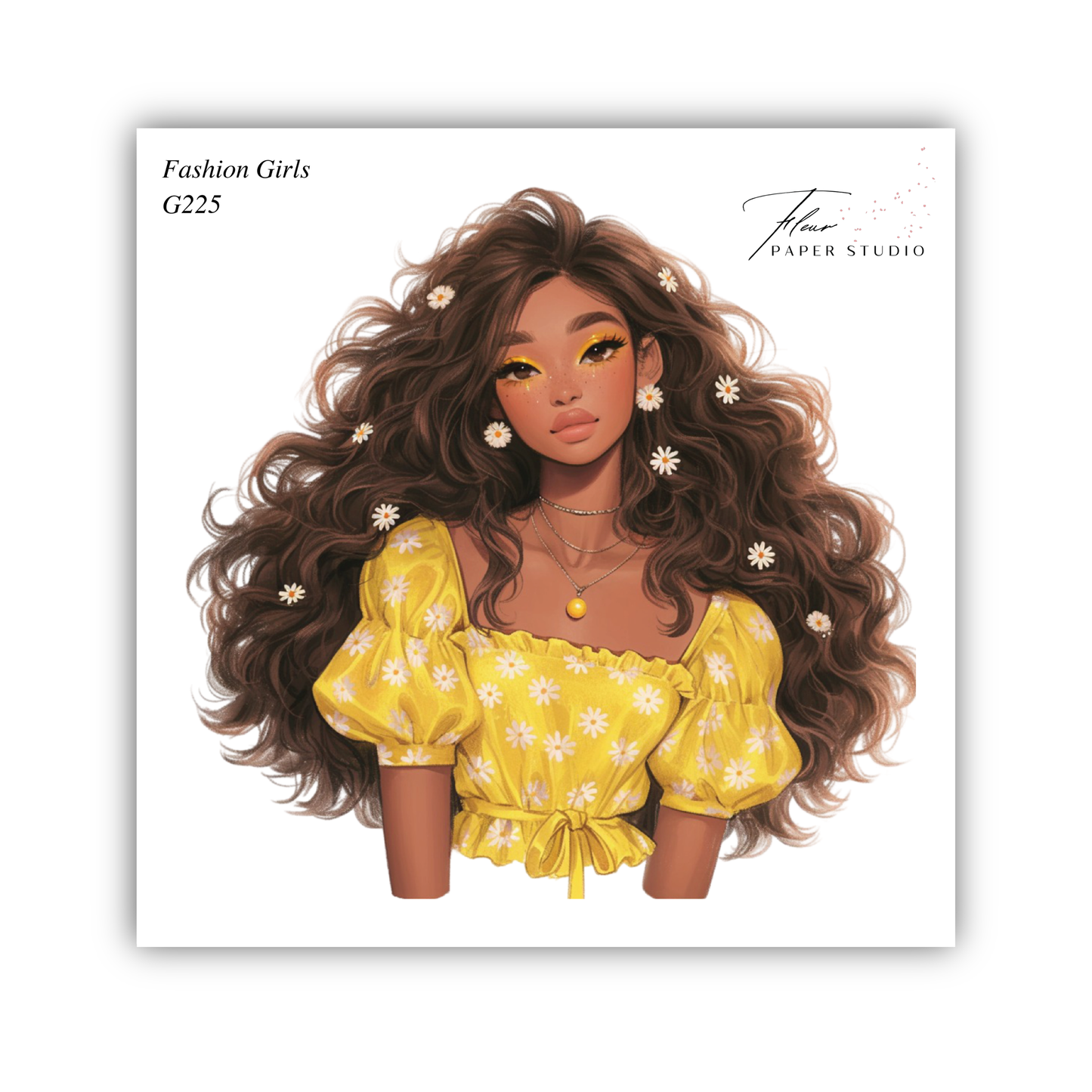 A stylized illustration of a young woman with long, curly brown hair and yellow flowers in her hair. She is wearing a yellow dress with a floral pattern.