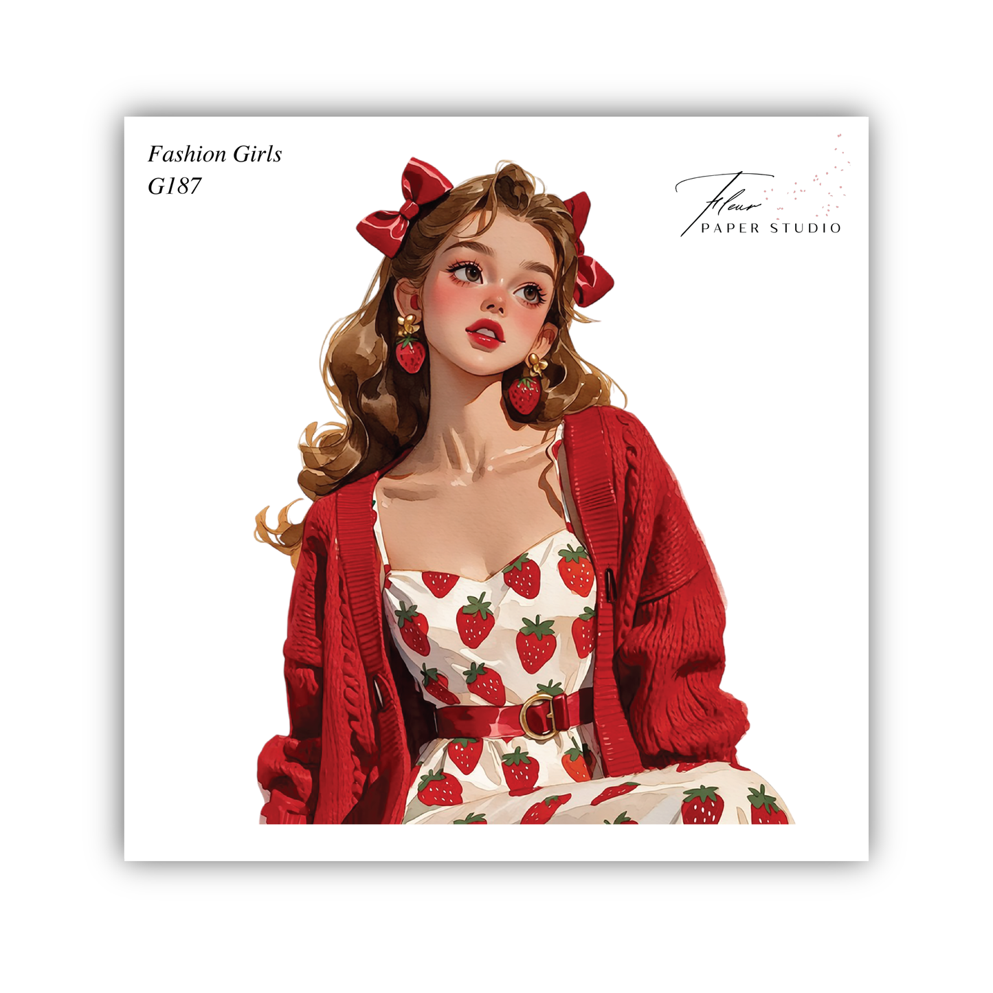 A stylized illustration of a young woman wearing a red cardigan and a dress with a strawberry pattern, with a red bow in her hair.