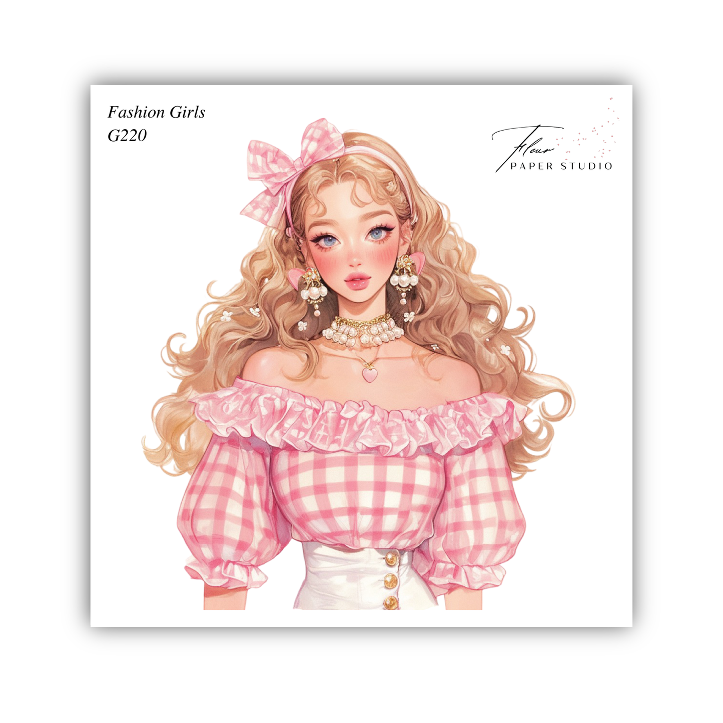 A stylized illustration of a young woman with long, curly blonde hair wearing a pink and white checkered off-the-shoulder top, a bow in her hair, and large earrings.