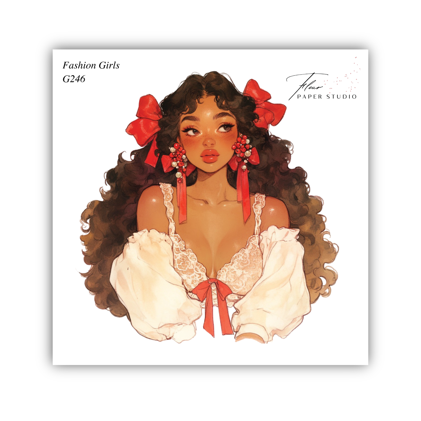 The image is a stylized illustration of a woman with curly hair wearing a white lace dress and red accessories, such as earrings and a red bow.