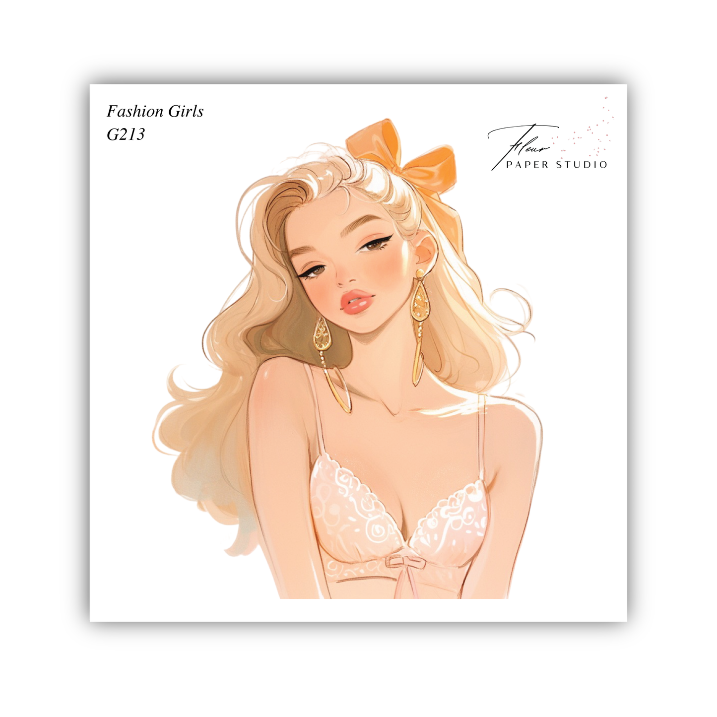 The image is a stylized illustration of a woman with long blonde hair and a bow in her hair, wearing a white lace bra.
