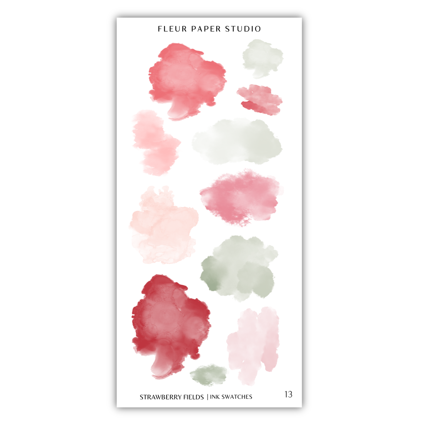 a collection of abstract watercolor brush strokes in various shades of pink, red, and green, arranged in a vertical format.