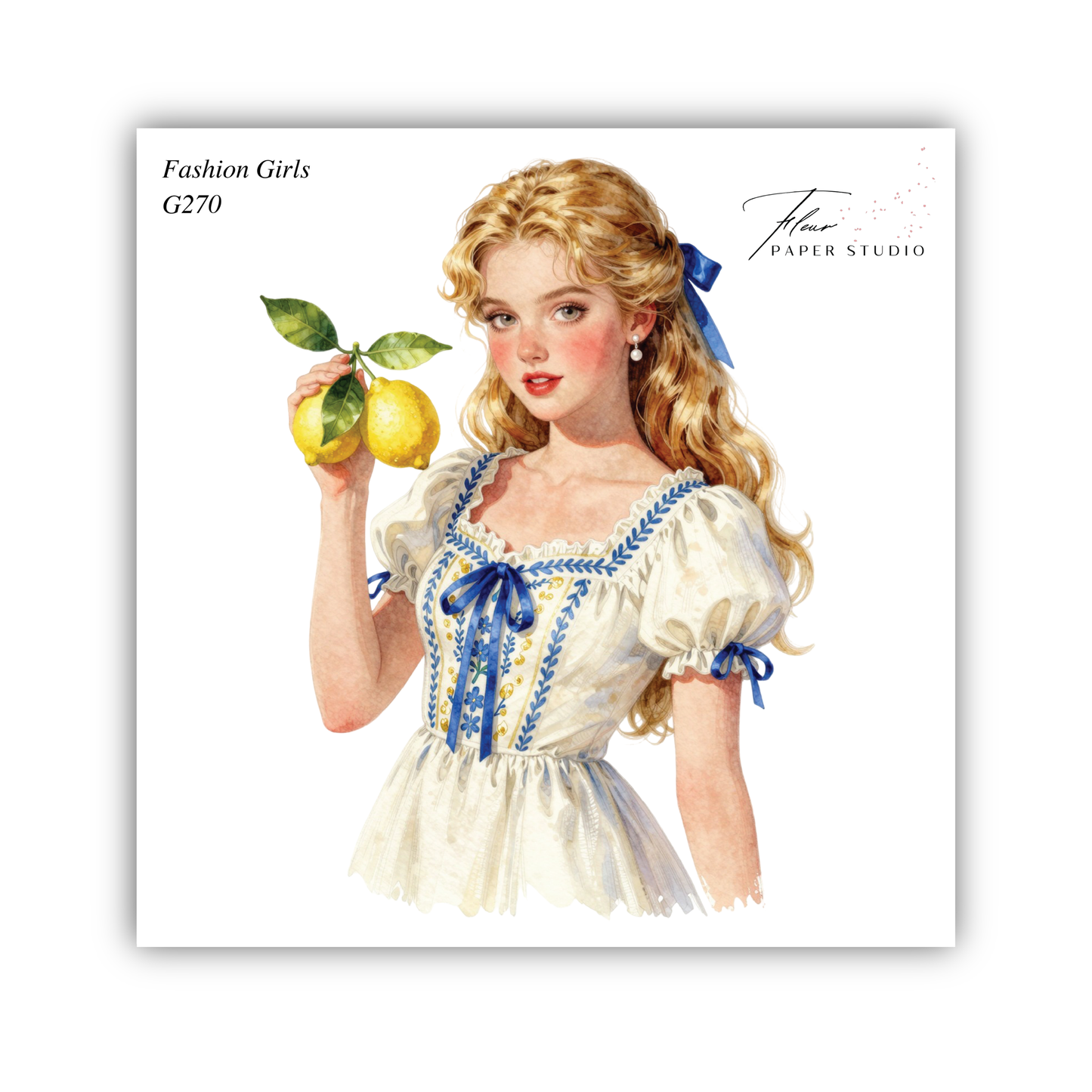 A watercolor illustration of a young woman wearing a white dress with blue accents, holding a lemon and smiling.
