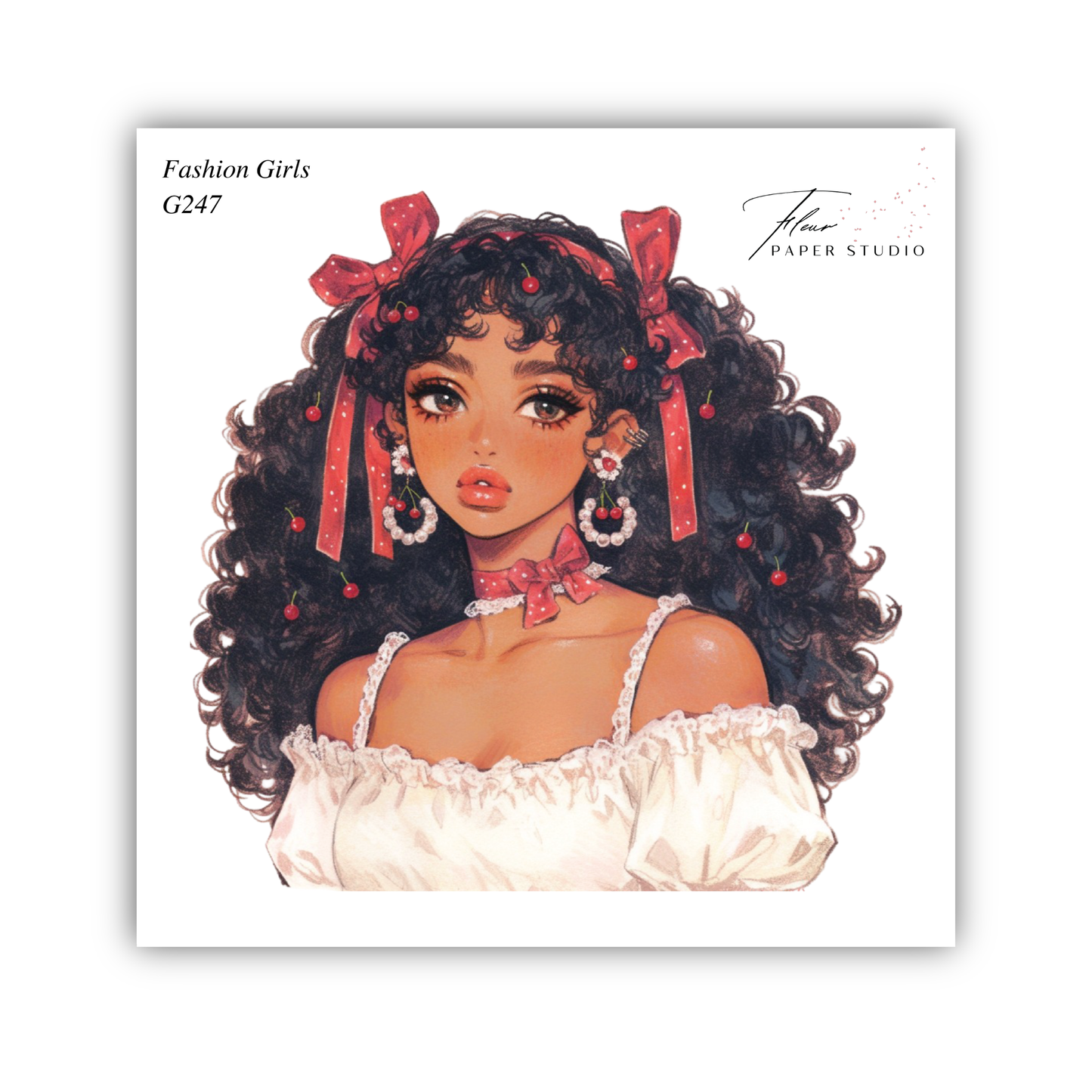 A stylized illustration of a young woman with curly hair, wearing a white off-the-shoulder dress and red bows.