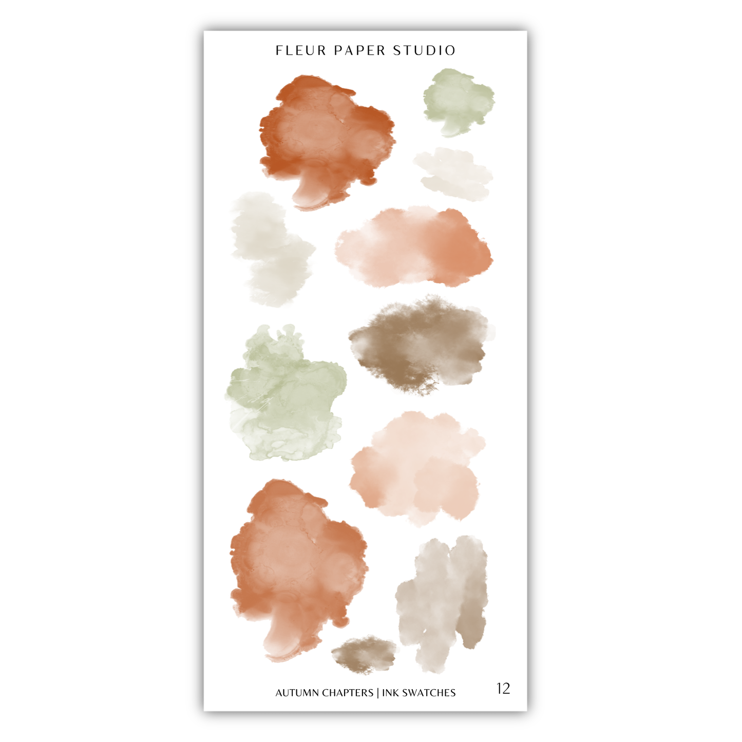 a collection of 12 abstract watercolor brush strokes in various shades of brown, green, and orange, arranged in a vertical column.
