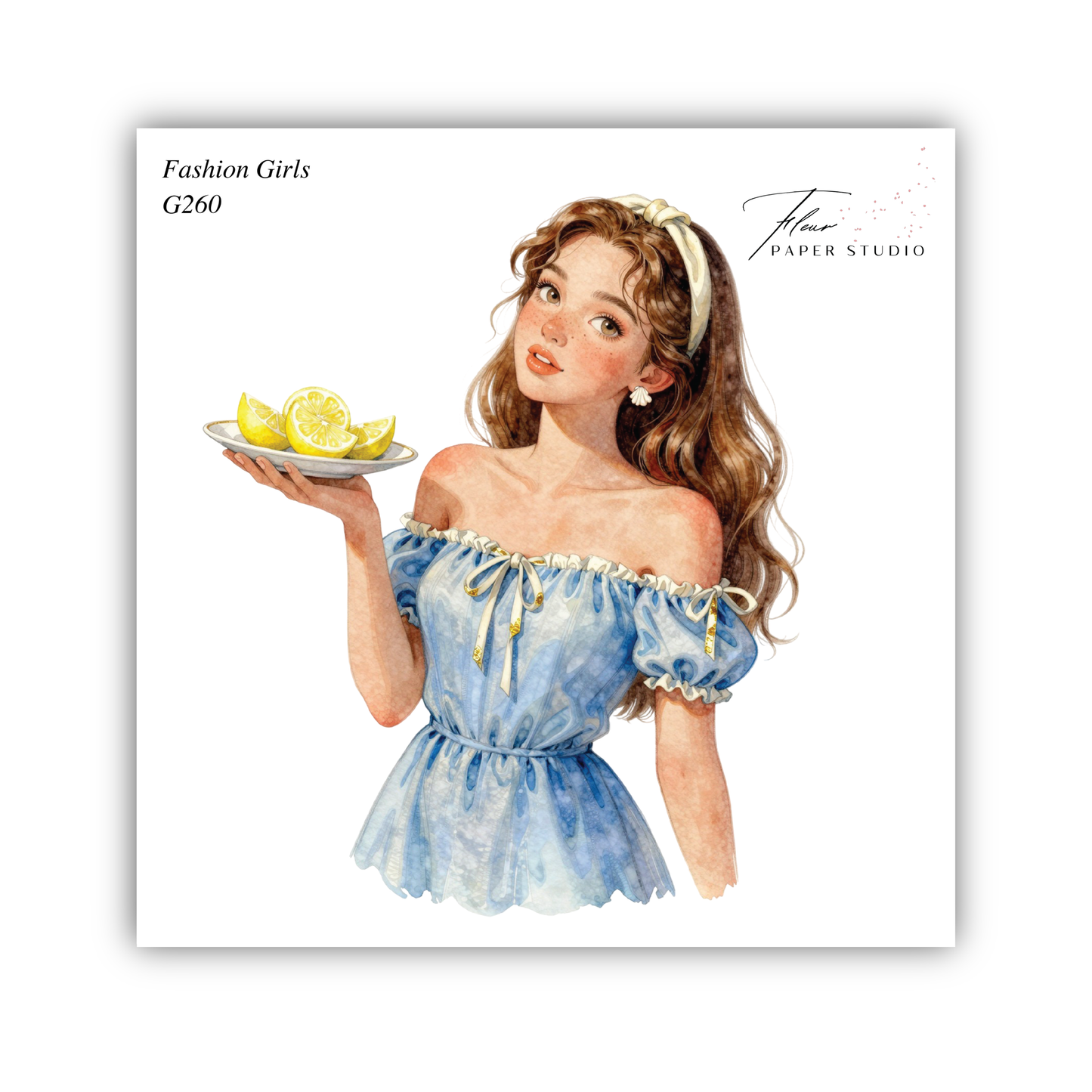 A watercolor illustration of a young woman wearing a blue off-the-shoulder dress and holding a plate with lemon slices.