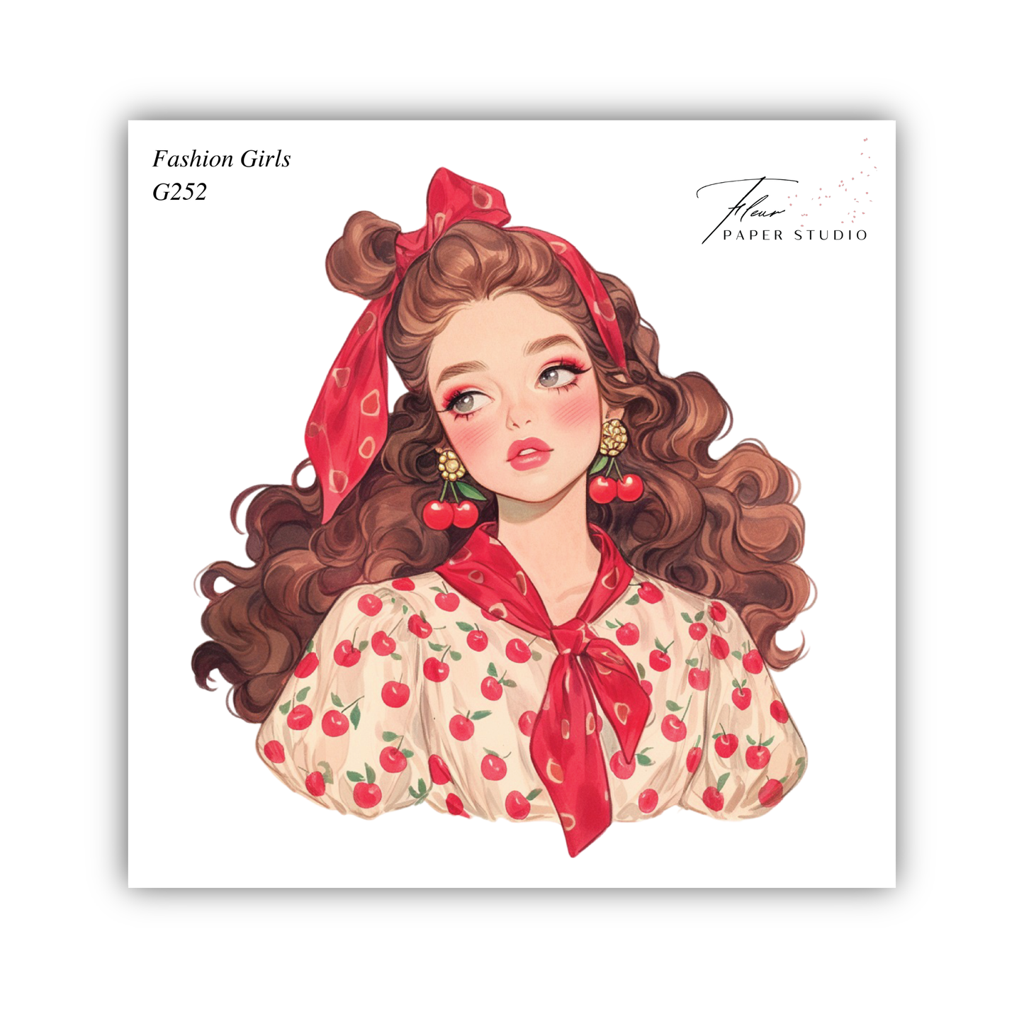 The image is a stylized illustration of a young woman with long, curly hair wearing a dress with red apple patterns. She has a red bow in her hair and is looking off to the side.