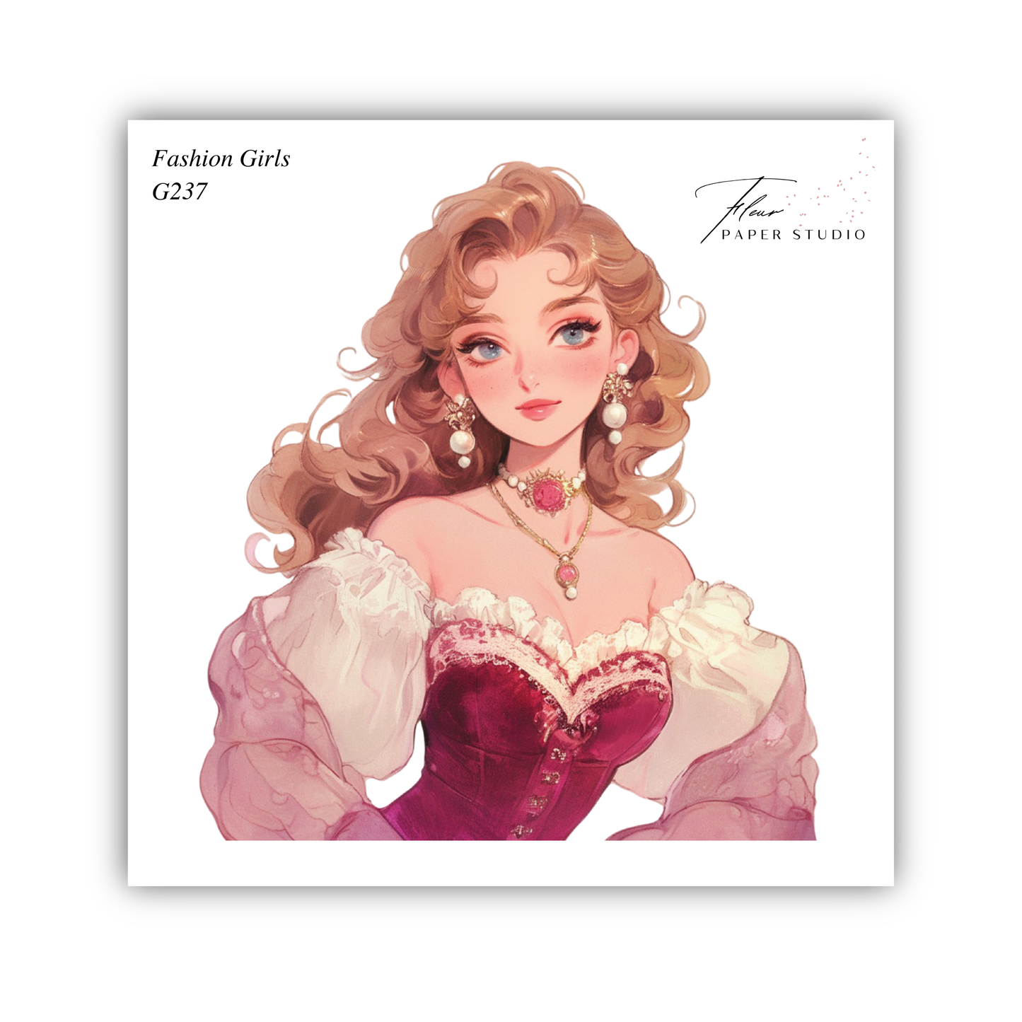 The image is a digital illustration of a woman with long, curly hair wearing a red dress with a ruffled collar and sleeves.