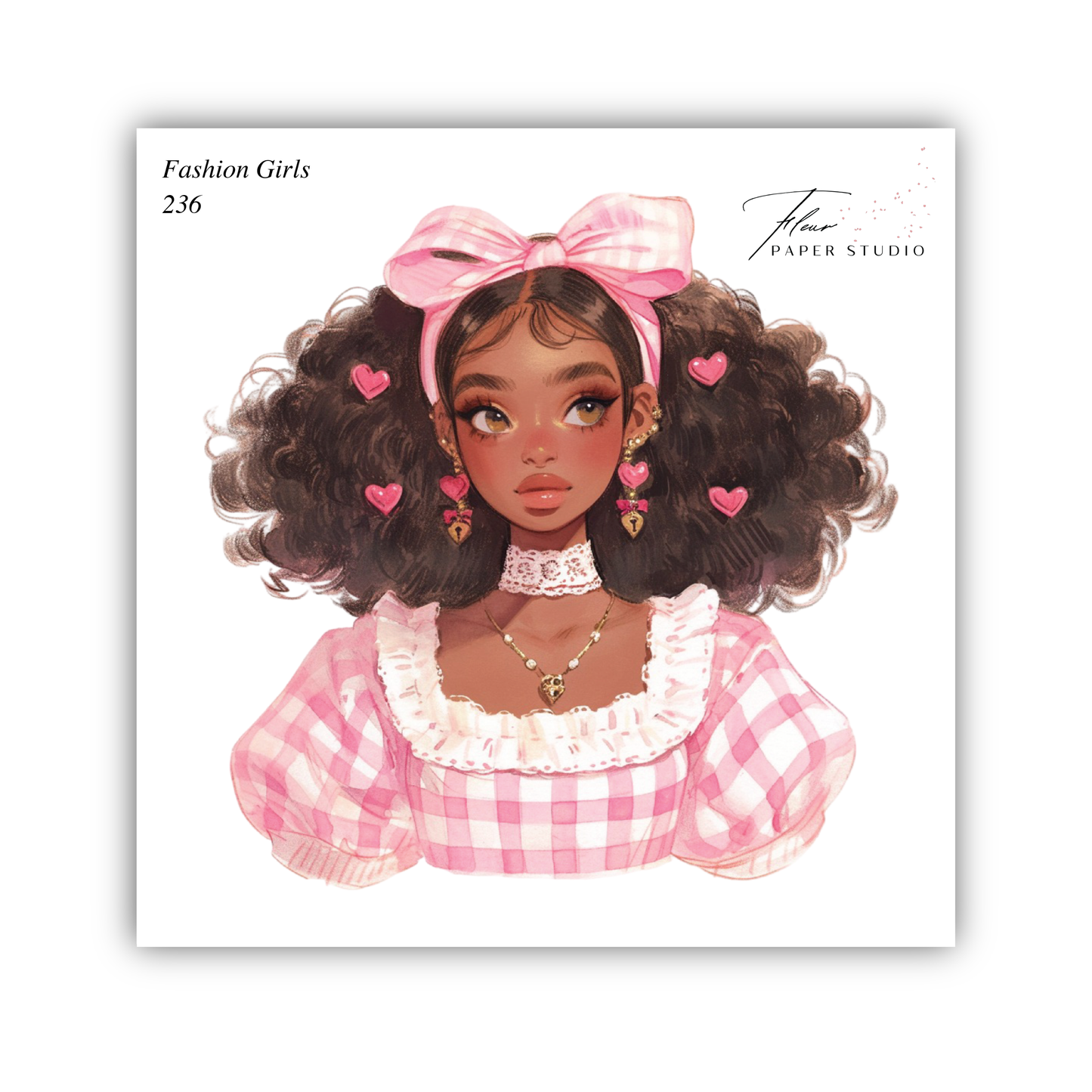 The image is a stylized illustration of a young woman with curly hair, wearing a pink and white checkered dress and a pink bow. She has heart-shaped earrings and a necklace. The image is a collage of multiple images, and the text "Fashion Girls" and "Paper Studio" are visible, indicating the subject matter and the artist or studio responsible for the illustration.