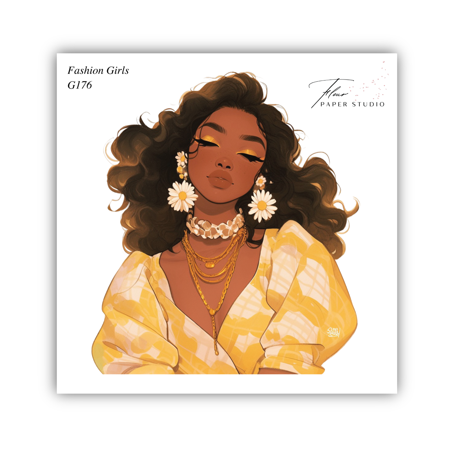The image is a stylized illustration of a woman with long, curly hair wearing a yellow dress and large earrings.