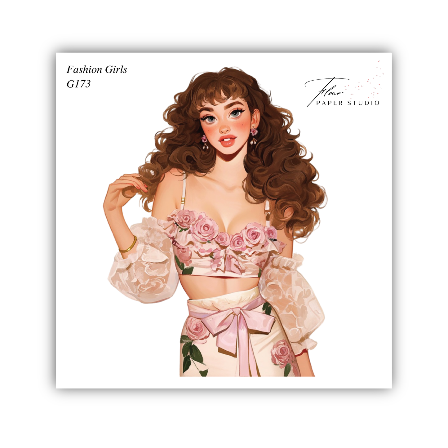 A stylized illustration of a woman with long, curly brown hair wearing a pink floral dress and a matching bow.