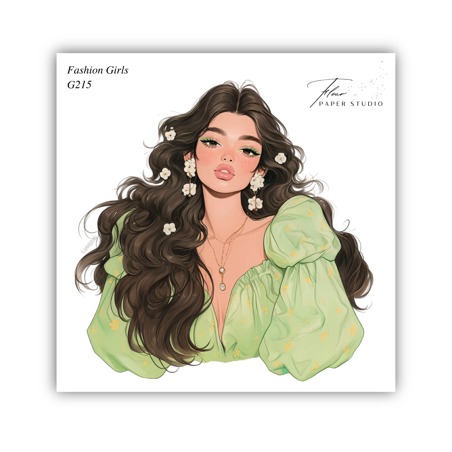The image is a stylized illustration of a woman with long, dark hair and a green blouse. She has a pensive expression and is wearing large earrings.