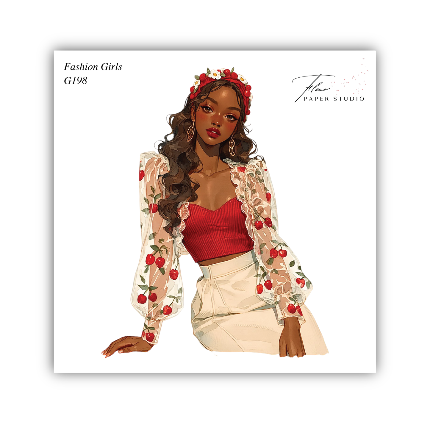 A stylized illustration of a young woman with long, curly hair wearing a red top with a floral pattern and a headband. She is wearing a white skirt with red flowers. The image is labeled "Fashion Girls G198" and "Paper Studio" in the top corners, and the artist's signature is in the bottom right corner.