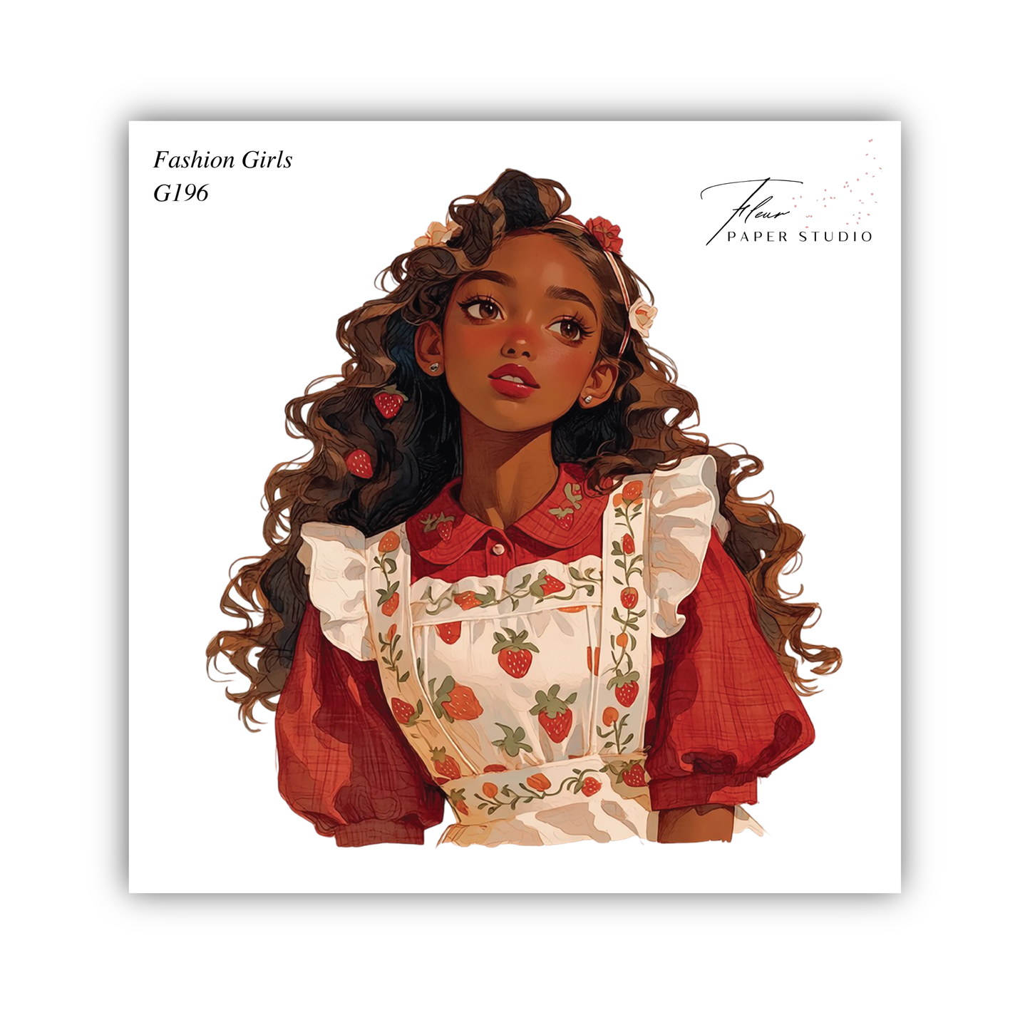 The image is a digital illustration of a young woman with long, curly hair wearing a white dress with a strawberry pattern.