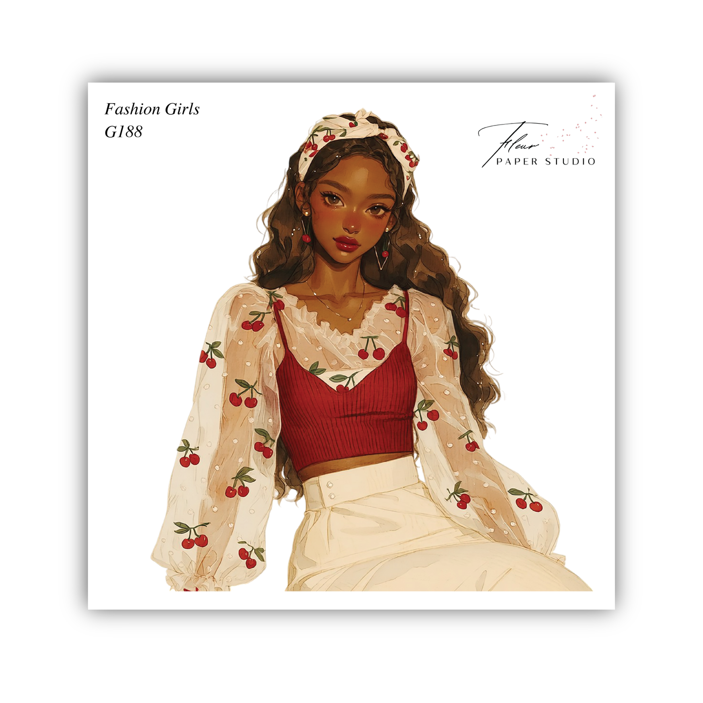 A stylized illustration of a young woman with long, curly hair wearing a red top with white polka dots and a white skirt. She is wearing a headband with red flowers. The image is labeled "Fashion Girls G188" and "Paper Studio" in the top corners, and the artist's signature is in the bottom right corner.