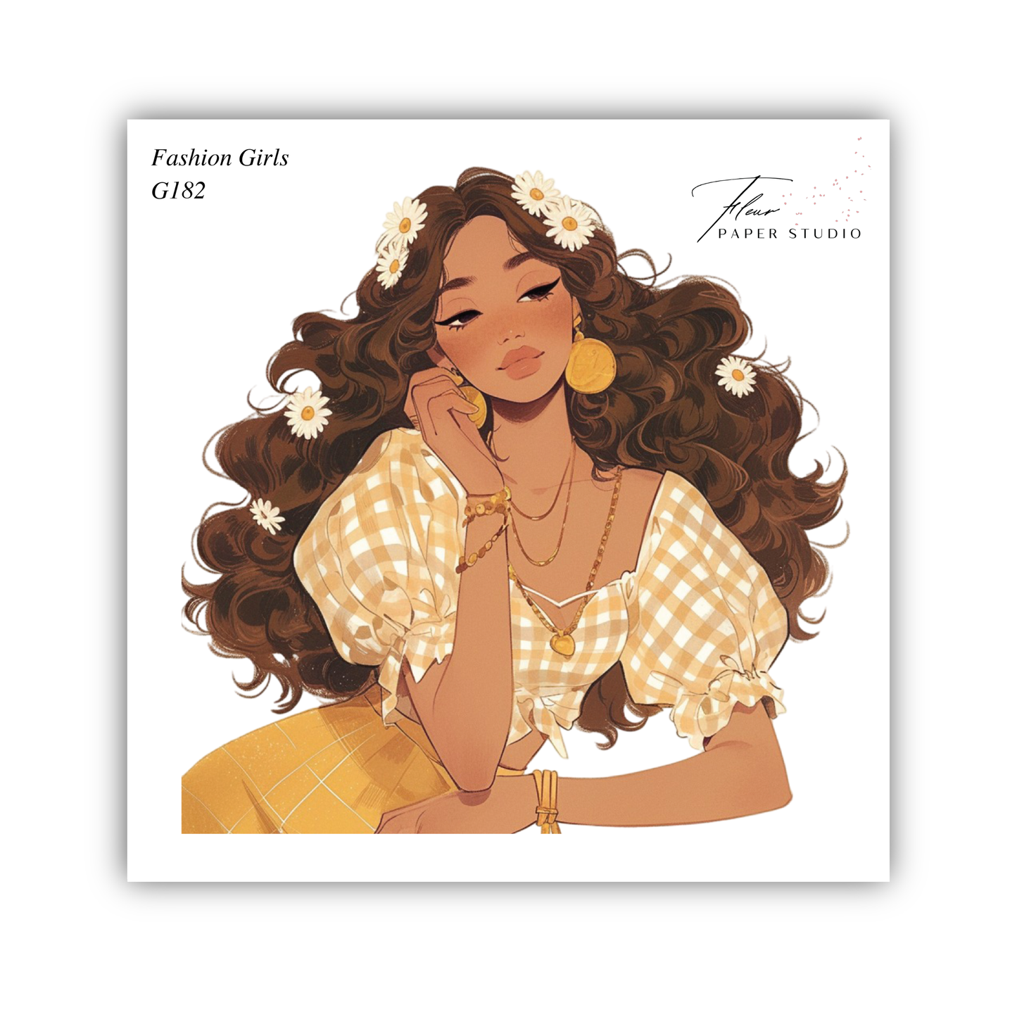 The image is a stylized illustration of a woman with long, curly hair and a flower crown, wearing a yellow and white checkered top and gold jewelry.