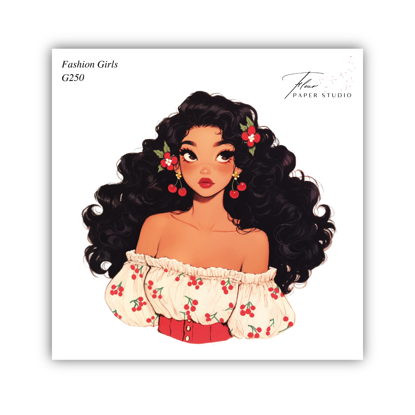 A stylized illustration of a young woman with curly dark hair wearing a white blouse with red cherries and red flowers, and a red skirt.