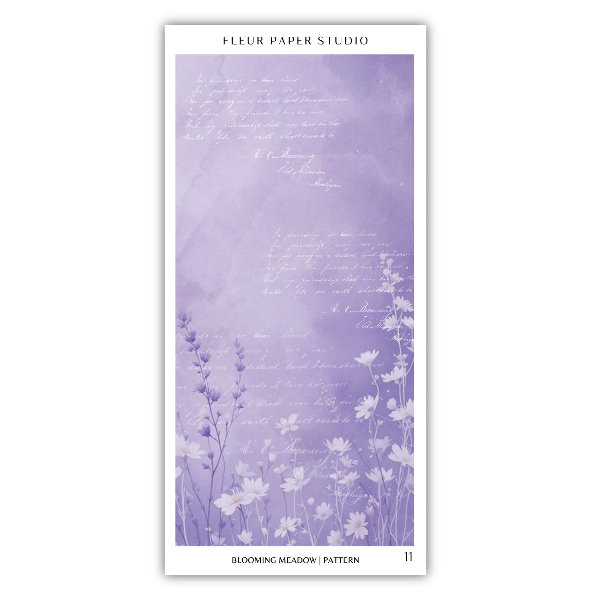 The image is a poster featuring a purple background with white flowers and cursive text.