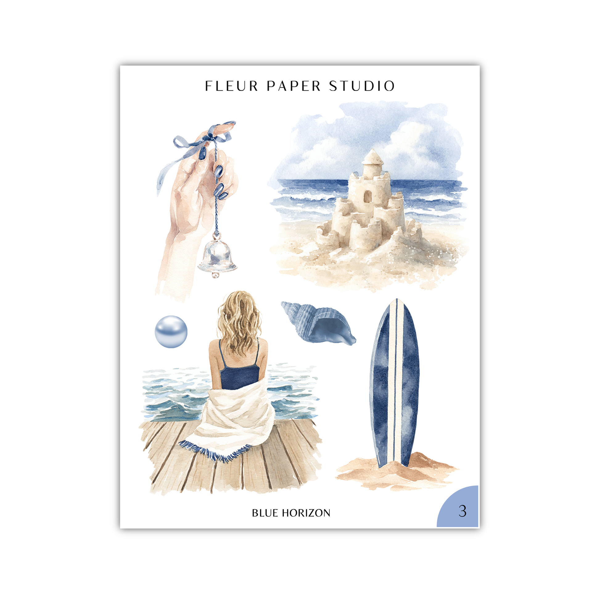 The image is a collage of various beach-related elements, including a hand holding a bell, a sandcastle, a surfboard, and a woman sitting on a wooden dock.