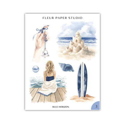 The image is a collage of various beach-related elements, including a hand holding a bell, a sandcastle, a surfboard, and a woman sitting on a wooden dock.