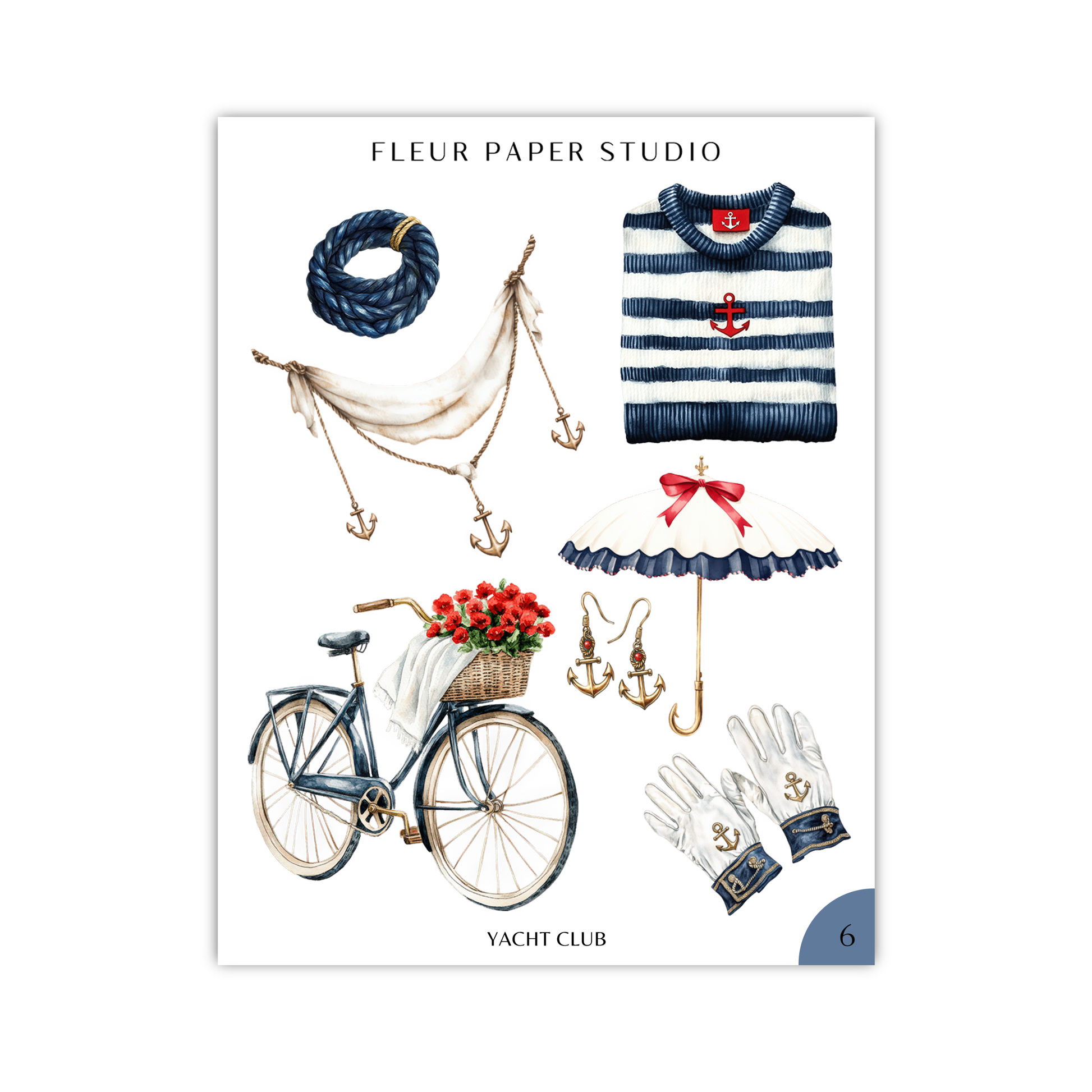 The image is a collage of various nautical and maritime-themed items, including a bicycle, a striped sweater, a red umbrella, a basket of flowers, and a pair of gloves.