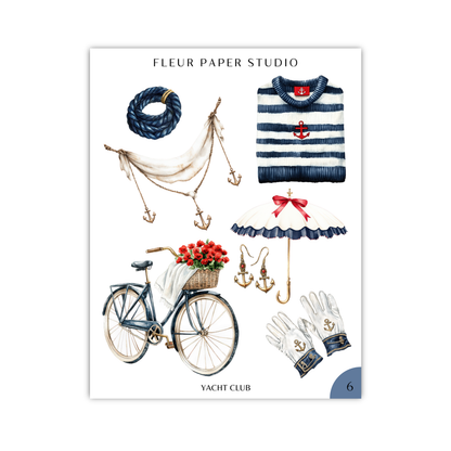 The image is a collage of various nautical and maritime-themed items, including a bicycle, a striped sweater, a red umbrella, a basket of flowers, and a pair of gloves.