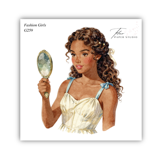 A watercolor illustration of a young woman holding a mirror, wearing a white dress with blue accents.