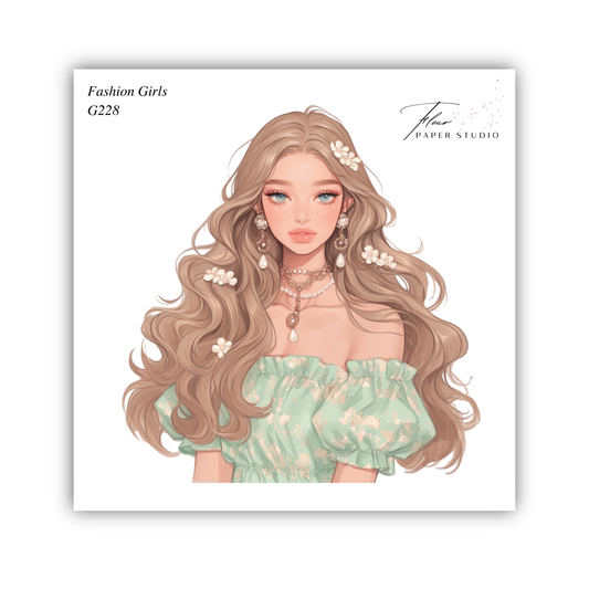 A stylized illustration of a young woman with long, wavy hair and a green floral dress, with a puffed collar and a necklace.