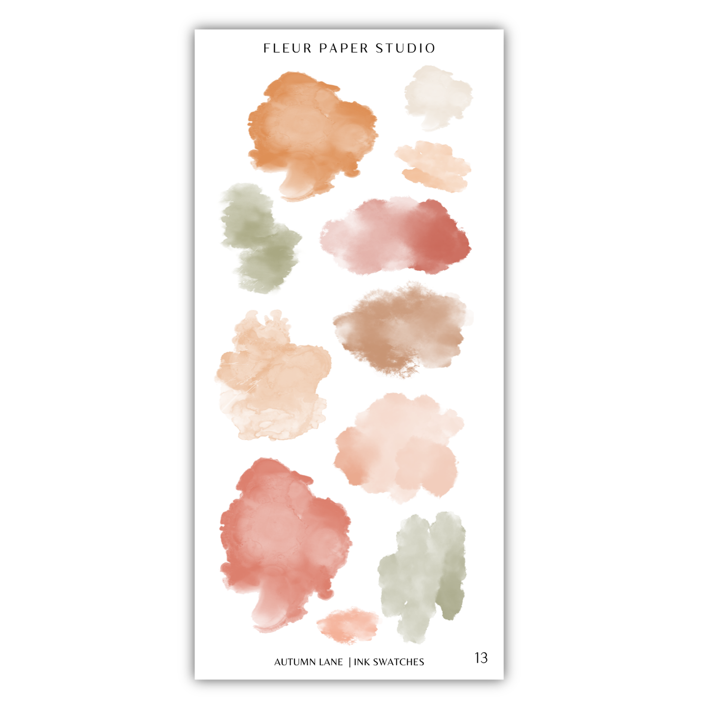 The image is a collection of abstract watercolor brush strokes in various shades of orange, pink, and green, arranged in a vertical format.