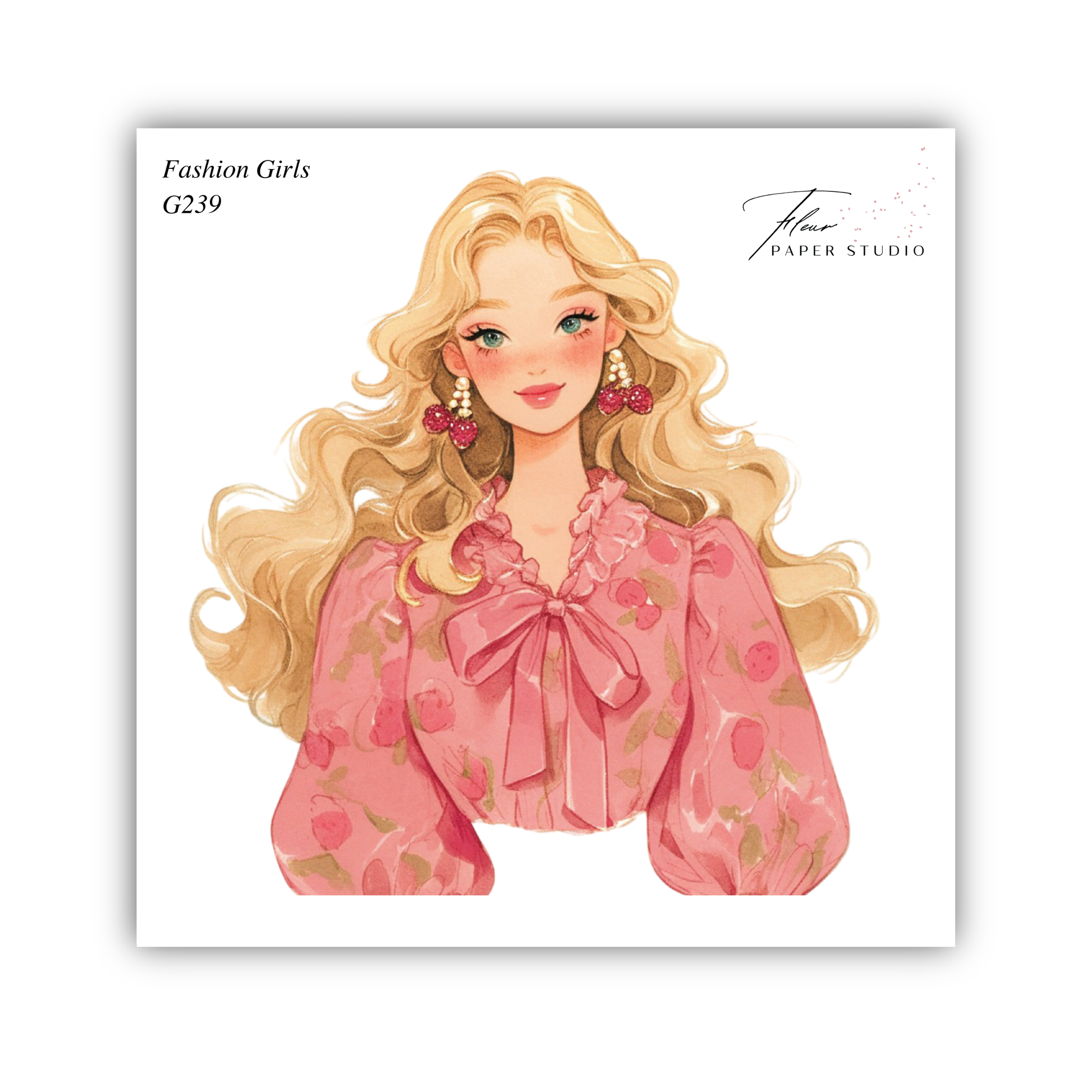 A stylized illustration of a young woman with long, wavy blonde hair wearing a pink floral blouse and large earrings.