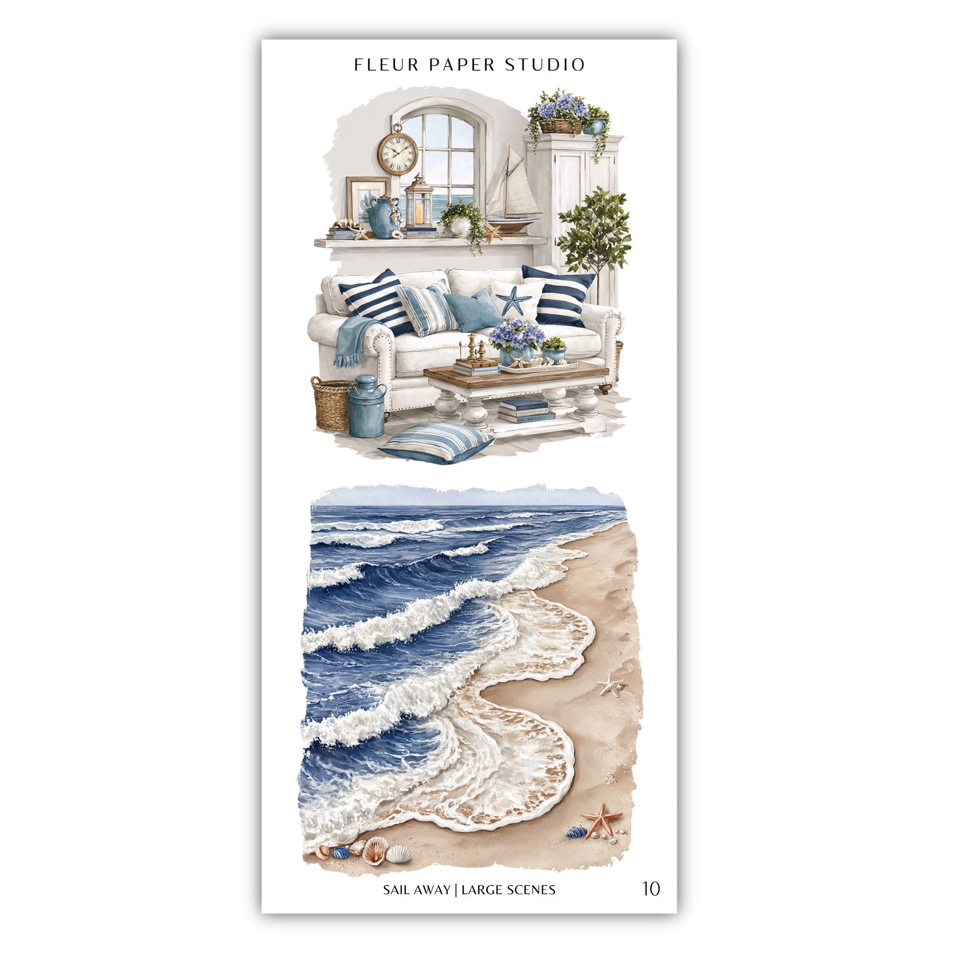 The image is a collage of two scenes depicting a living room and a beach. The living room scene includes a sofa, a coffee table, and various decorative items, while the beach scene features a sandy beach, crashing waves, and a starfish.