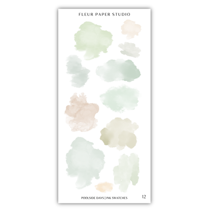 a collection of abstract watercolor brush strokes in various shades of green, blue, and beige, arranged in a grid format.