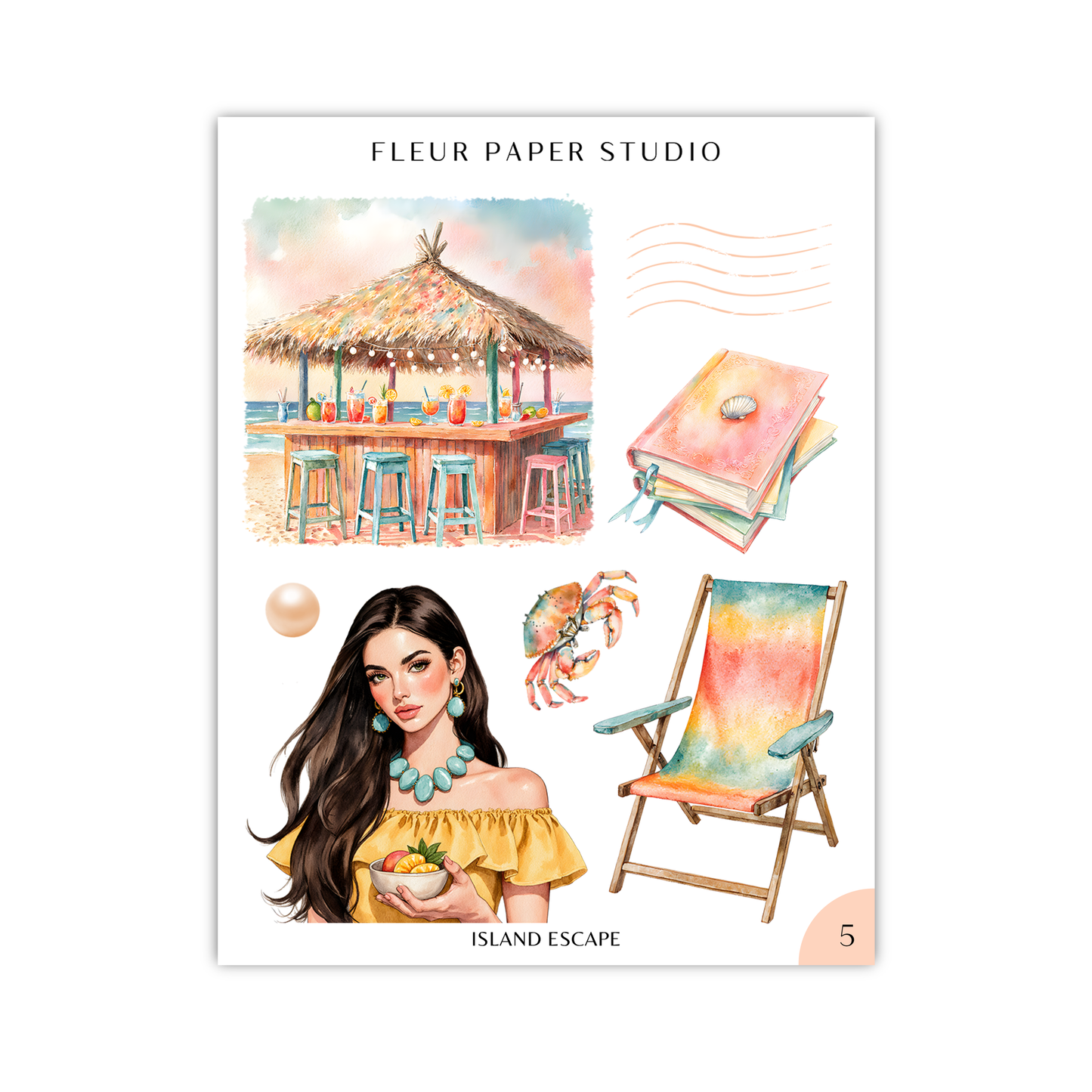 The image is a collage of various elements related to a tropical island escape, including a thatched-roof hut, a beach bar, a woman in a yellow dress, a colorful beach chair, and a crab.