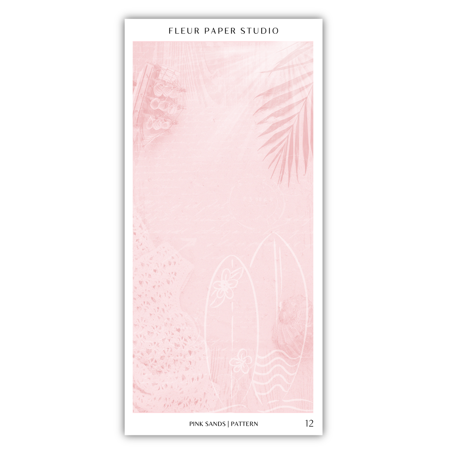 The image is a collage of various pink and white images, including palm leaves, flowers, and surfboards, arranged in a visually appealing manner.