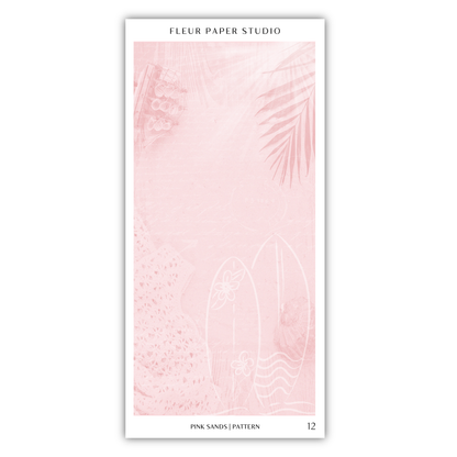 The image is a collage of various pink and white images, including palm leaves, flowers, and surfboards, arranged in a visually appealing manner.