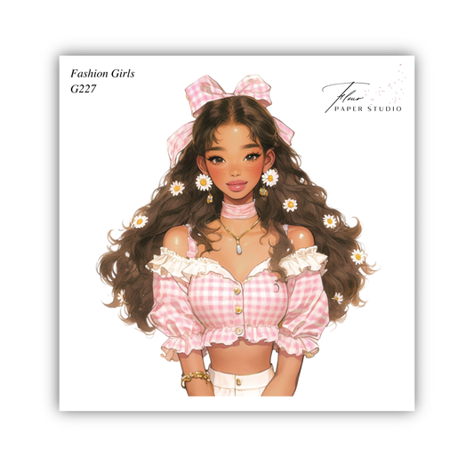 A stylized illustration of a young woman with long, curly hair wearing a pink and white checkered top and a bow in her hair. She has a pensive expression on her face.