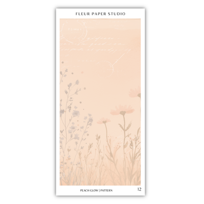 The image is a collage of various images, including a floral pattern and a peach glow pattern. The floral pattern features a mix of flowers and leaves, while the peach glow pattern has a soft, pastel color palette. The image does not contain any text, and the phrase "Peach glow / Pattern" is visible, indicating the presence of a pattern in the image.