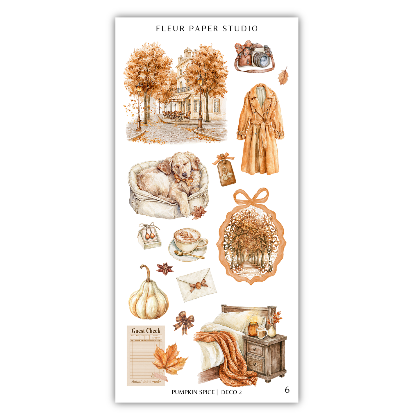 various autumn-themed items and scenes, including a dog, a coat, a camera, a pumpkin, a bed, and a tree.